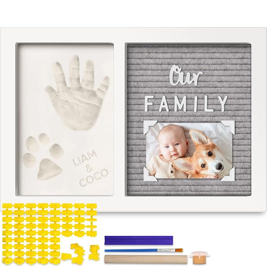 Baby Hand and Footprint Kit with Felt Letterboard - Personalized Baby Gifts for Boys Girls, Newborn Baby Footprint Kit, Dog Paw Print Kit, Baby Keepsake Frame (Alpine White)