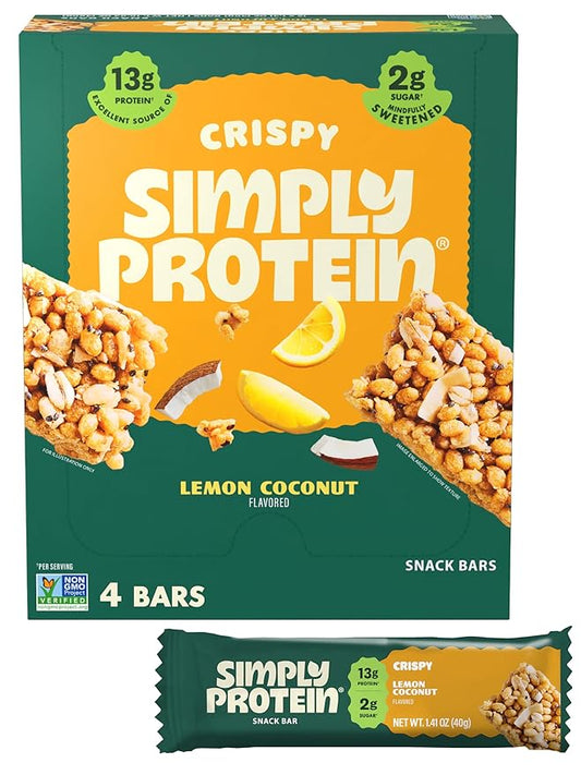 Simply Protein - Lemon Coconut Crispy Bars - Plant Based Protein Bars - Low Carb, Low Sugar, High Fiber - 13g Protein, 2g Sugar, 7g Fiber - Vegan, Gluten Free, Non GMO, Kosher - 4 Bars