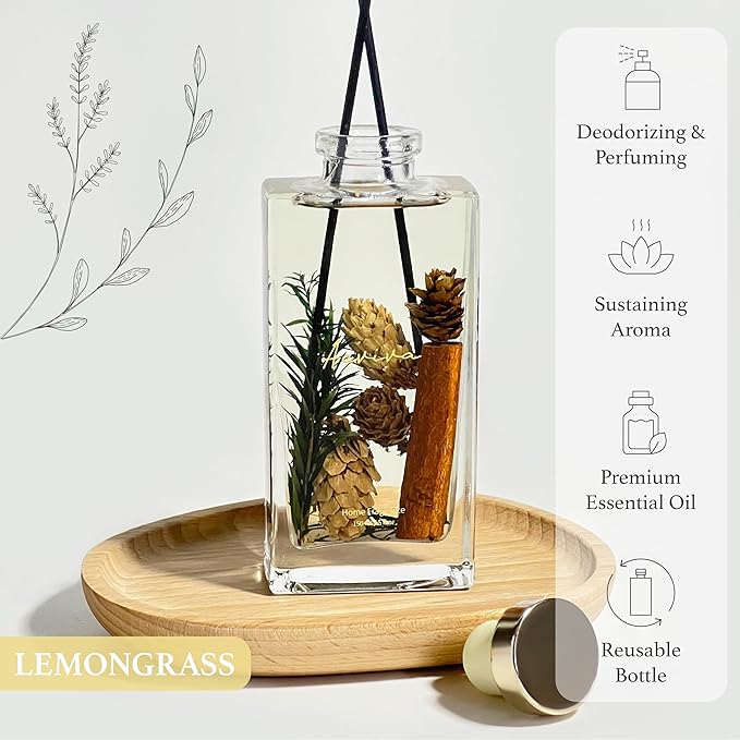 Reed Diffuser Set, 5 fl oz Lemongrass Scented Oil Diffuser, Home Fragrance with Cotton Reed Sticks for Bedroom, Office, Bathroom Shelf Decor & Gifts
