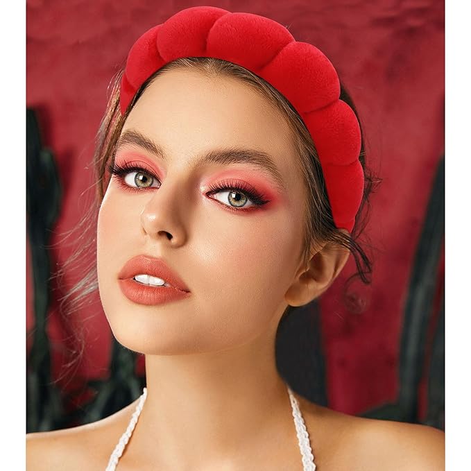 VELSCRUN Spa Headbands for Wash Face, Makeup Headband, Facial Skincare Headbands, 5 Pcs Red Puffy Sponge Spa Headband Bow Tie Hair Band Hair Clips Wristband Set Women Girls Accessories
