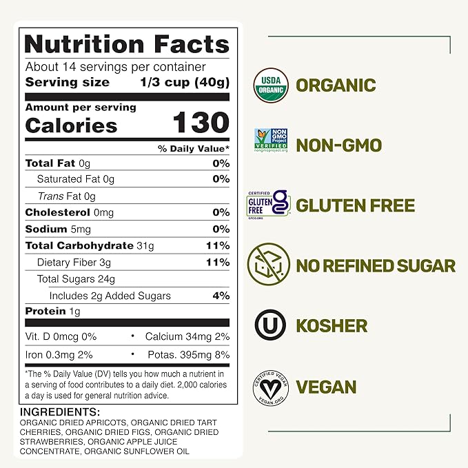 Happy Village Organic Dried Fruit Mix - Apricots, Figs, Strawberries & Tart Cherries, 18 OZ (3 Packs of 6 OZ) - Kosher, Non-GMO, No Refined Sugar, Vegan, Unsulfured Dried Fruit Medley