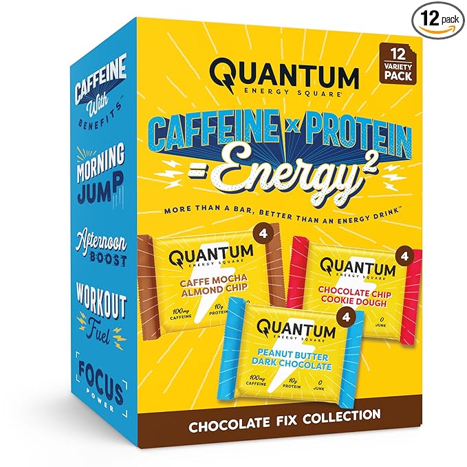 Quantum Energy Square - Peanut Butter Dark Chocolate, Chocolate Chip Cookie Dough, Caffe Mocha Almond Chip - Variety 12-Pack - 4 Bars Each