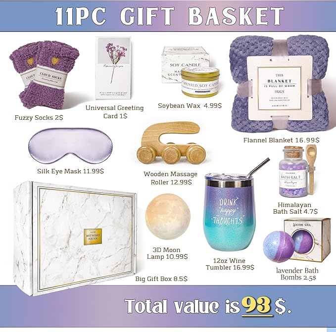 Birthday Gifts for Women,Gift Basket for Women with Moon Lamp,11PC Self Care Gifts,Get Well Soon After Surgery,Relaxing Spa Gifts,Surgery Recovery,Sympathy,Condolences Basket for Loss for mum friend