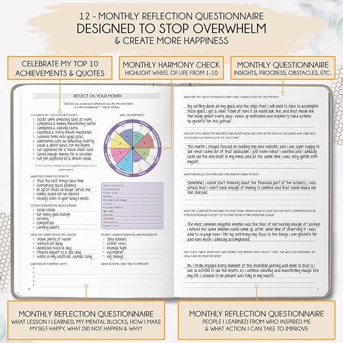 Hourly Planner - Undated Weekly & Monthly Planner, 12-Month Journey to Increase Productivity | Gratitude Journal, Life Organizer & Goal Journal | Include Foldable Vision Board, Habit Tracker & Sticker
