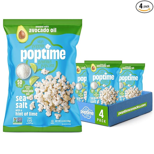Poptime Popcorn Bags – Sea Salt Popcorn With a Hint of Lime, Healthy Snack Popped With Heart-Healthy Avocado Oil, Crunchy, Zesty, Gluten Free, Vegan, Low Calorie, Non-GMO, Kosher - 4.5 oz - Pack 4