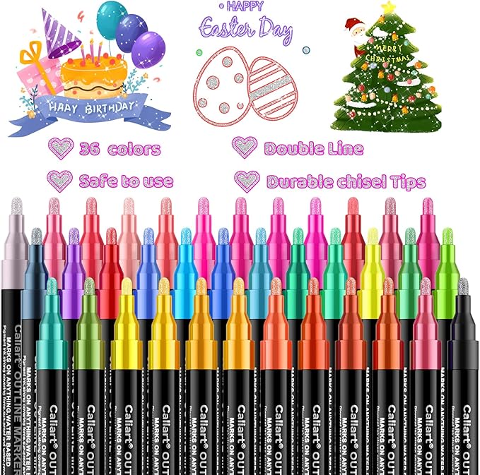 Caliart 36 Colors Outline Glitter Markers, Shimmer Metallic Glitter Pens Gifts Trendy Stuff, Cool Fun Craft Arts Supplies Set