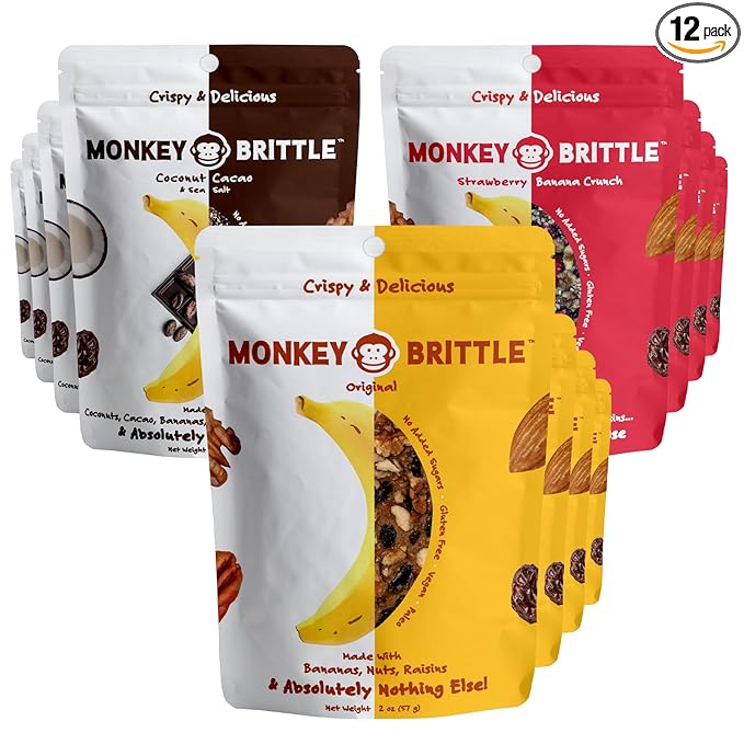 Monkey Brittle Healthy Snacks, Crispy Plant-Based Treats for Kids & Adults, Vegan & Gluten-Free, All-Natural Snack for School, Sports, Camping & On-the-Go (Pack of 12), Combo - Original + Cacao Coconut + Strawberry Banana Crunch