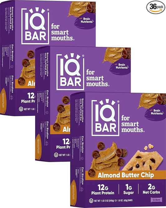 IQBAR Brain and Body Plant Protein Bars - Almond Butter Chip - 36-Count - Keto, Vegan, Low Carb, High Fiber, Gluten Free, Dairy Free, Low Sugar Snack with Nutrients for Focus, Energy, Meal Replacement
