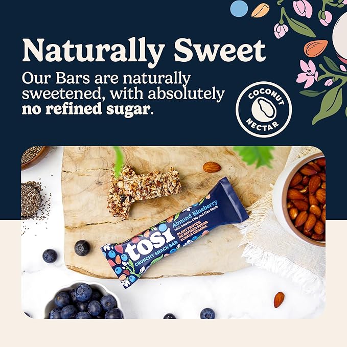 Tosi Almond Blueberry Protein Bars, Plant Based with Nuts, Gluten-Free Crunchy Snacks, Vegan, Organic, Flax & Chia Seeds, Soy-Free, Omega 3s, 5G Protein, 1 oz, 12-Pack
