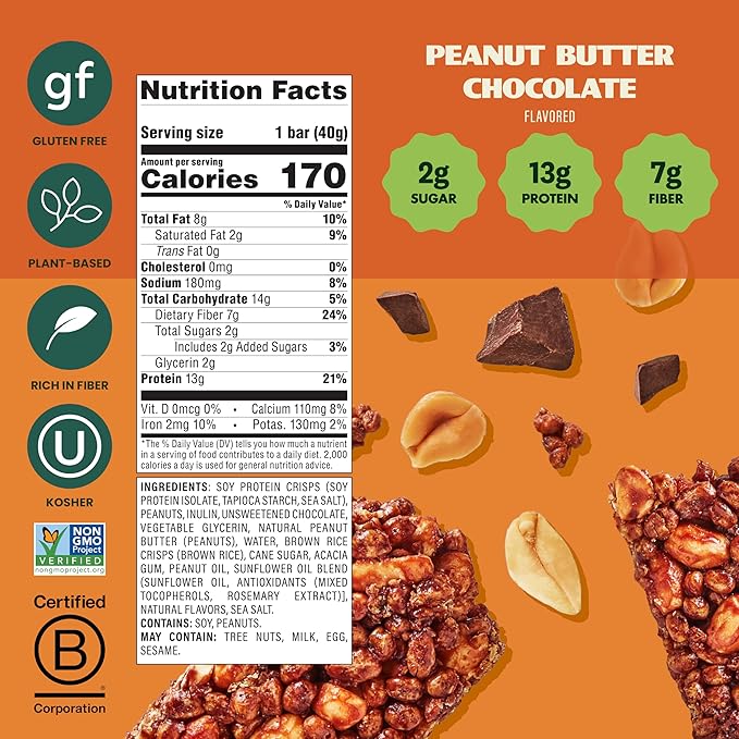 Simply Protein - Peanut Butter Chocolate Crispy Bars - Plant Based Protein Bars - Low Carb, Low Sugar, High Fiber - 13g Protein, 2g Sugar, 7g Fiber - Vegan, Gluten Free, Non GMO, Kosher - 8 Bars