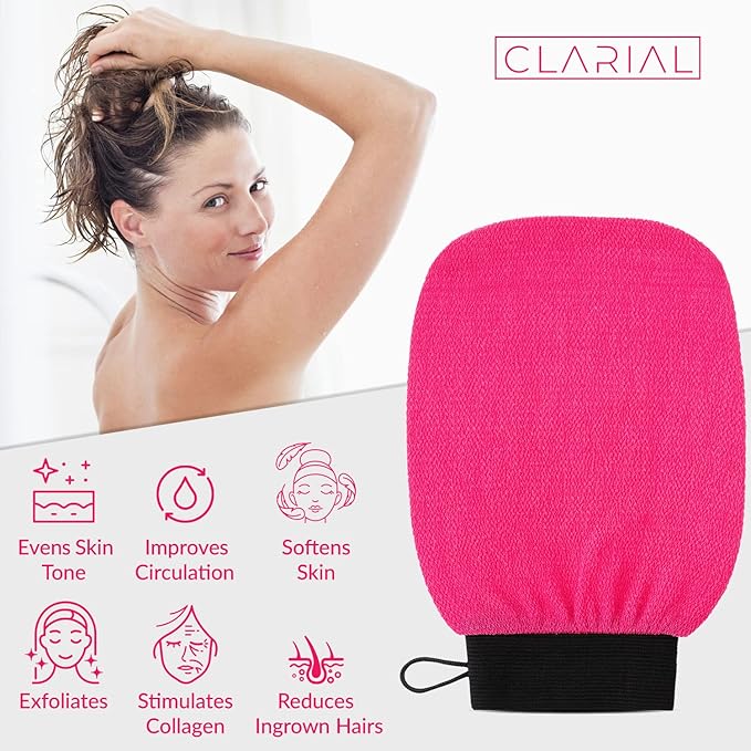 Exfoliating Body Scrub for Bath and Shower Use - Face Scrubber and Body Exfoliator Mitt, Dead Skin Remover - Exfoliating Glove Shower Scrub for Men and Women - Pair Pink