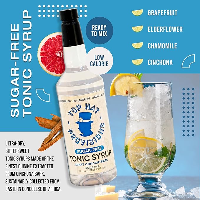 Top Hat Keto Sugar Free Tonic Syrup - 5x Diet Tonic Water Quinine Concentrate - Organic Monk Fruit - Craft Soda Mixer for Skinny Cocktail Drinks - Just Add Seltzer Water - 32oz Bottle