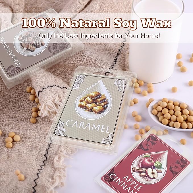 Soy Wax Melts Wax Cubes Strong Scent Wax Melts Variety Fragrance Melts for Vanilla, Lavender, Apple Cinnamon, Citrus, Ocean Breeze, Caramel, Sandalwood, Pumpkin Spice Spa Yoga Relaxing Bath