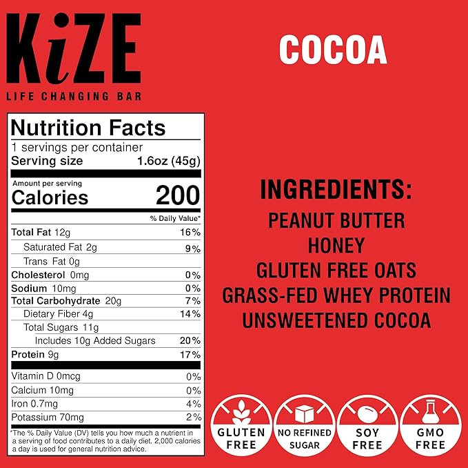 KiZE Energy Bars - Cocoa - 30-Count - Gluten Free, Non-GMO, and High Protein Meal Replacement Energy Bars, Clean and Simple Food Ingredients - 10g High Protein Snacks (30 Count)
