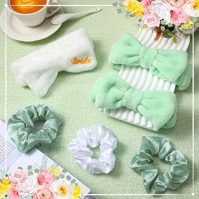 24 Pcs Bachelorette Party Favors Include 12 Bride Bridesmaid Spa Headband 12 Bridesmaid Gifts Scrunchies for Women Sleepover Spa Bachelorette Party Accessories Supplies(White, Green)