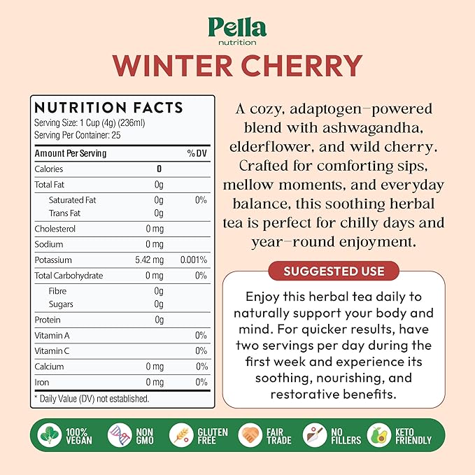 Winter Cherry Ashwagandha Herbal Tea – With Strawberry, Cranberry, Apple, Elderflower, Cornflower – Vegan, Kosher, Caffeine-Free – Hot or Iced Tea Bags – Adaptogenic & Immune Health Support (25 Count)