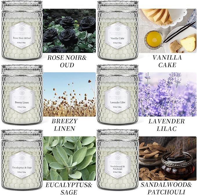 6 Pack Scented Candles for Home, Aromatherapy Gift Set for Women, Natural Soy Wax Jar, 33 oz 240 Hour Long Lasting, Birthday and Valentine's Day Gift, Flax Gray