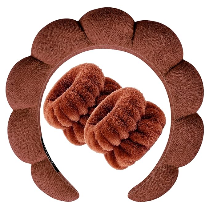 Zkptops Spa Headband for Washing Face Wristband Set Sponge Makeup Skincare Terry Cloth Bubble Soft Get Ready Hairband for Women Girl Puffy Padded Headwear Non Slip Thick Hair Accessory(Dark Brown)