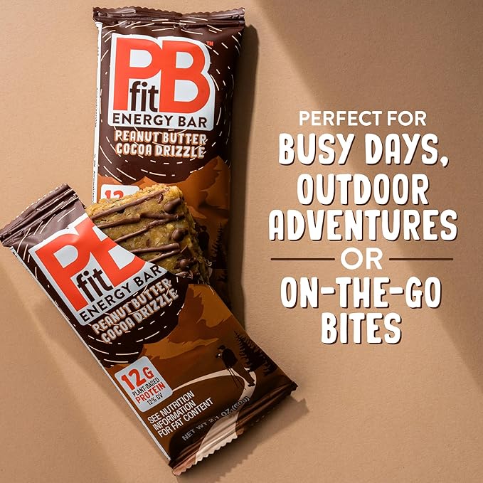 PBfit Peanut Butter Cocoa Drizzle Energy Bars, 12g Protein, 5g Fiber, Gluten Free, Vegan, Plant-Based, Non-GMO, 2.1 Oz (Pack of 12)