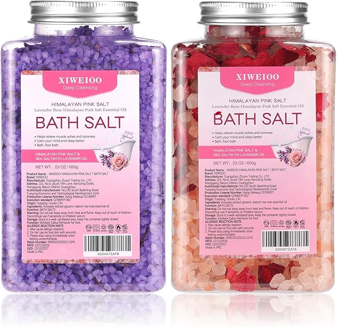 Bath Salts -46 oz, Pack of 2 Natural Epsom Salt Rose, and Lavender- Essential Oils Relaxes and Better Sleep Himalayan Pink Salt Foot Soak Tea Tree Oil