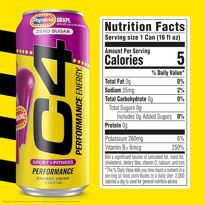 Cellucor C4 Energy Drink x Grape Popsicle, Carbonated Sugar Free Pre Workout Performance Drink with no Artificial Colors or Dyes, 16 Oz, Pack of 24