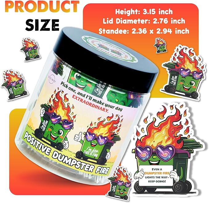 Positive Dumpster Fire Jar ā Funny Desk Accessory with 60 Daily Affirmations for Self Care & Mindfulness, Emotional Support Dumpster Fire Gift for Office Coworkers, Unique Zen Desk Decor