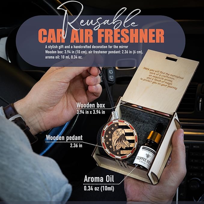 Wood Car Air Freshener — Handcrafted Air Freshener — American Flag Hanging Fragrance Oil Diffuser in Wooden Gift Box — Christmas Gift for Car with Coffee Beans Fragrance Oil - 10 ml