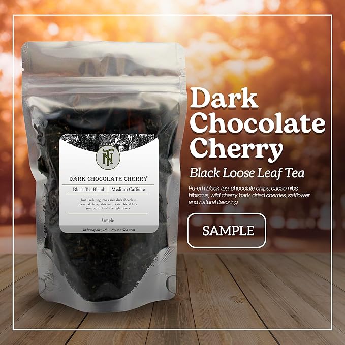 Nelson's Tea Dark Chocolate Cherry - Rich blend of Pu-erh Black Tea, Chocolate Chips, Wild Cherry Bark, Dried Cherries Herbal Loose Leaf Tea - Sample 0.5 Oz