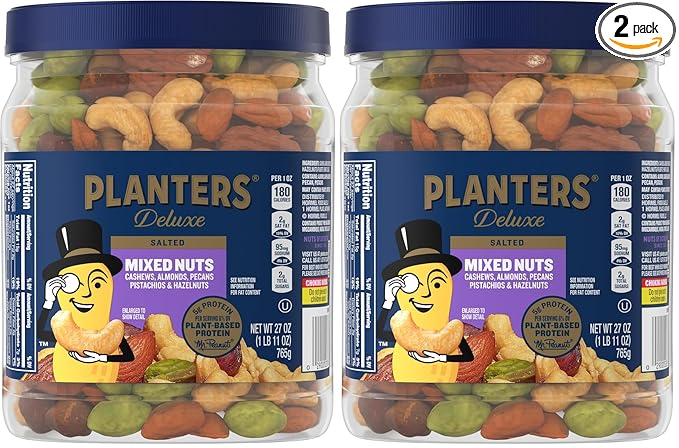 PLANTERS Deluxe Mixed Nuts, Cashews, Almonds, Pecans, Pistachios, Hazelnuts, Roasted with Sea Salt, Party Snacks, Plant-Based Protein Nut Mix, Snacks for Adults, After School Snack Mix, 27oz