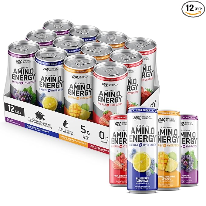 Optimum Nutrition Amino Energy Sparkling Hydration Drink, Electrolytes, Caffeine, Amino Acids, BCAAs, Sugar Free, 12 Fl Oz, Variety Pack of 12 (Packaging May Vary)