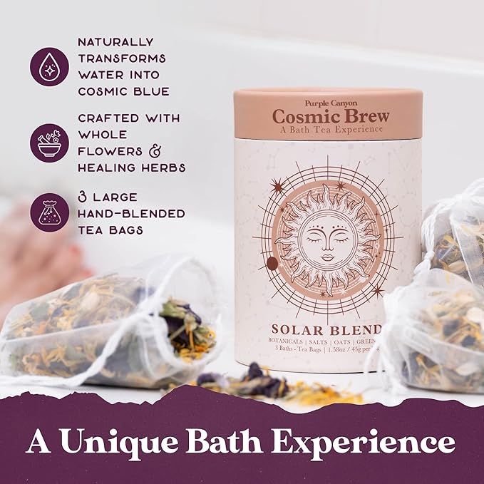 Solar Blend Bath Tea by Purple Canyon | 3 Reviving Bath Soaks with Eucalyptus, Peppermint, Calendula, and Dried Flowers | Self Care Gifts for Women
