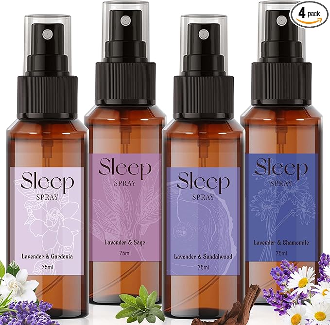 STRN Sleep Spray, Relaxing Lavender Essential Oil Mist, Pillow Spray for Deep Sleep, 4 Lavender Scented - Gardenia, Sage, Chamomile, Sandalwood, Sweet Dream & Floral Aroma, 75 ML x 4