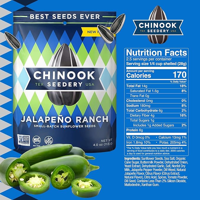 Chinook Seedery Roasted Sunflower Seeds - Jumbo Seeds Keto Snacks - Best For Snack Packs - Gluten Free, Non GMO Snack Food Gifts - 4 Ounce (Pack of 3) - Jalapeno Ranch Flavor Pack