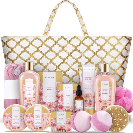 Spa Luxetique Spa Baskets for Women Gift, Womens Spa Gift Baskets, 15pcs Rose Spa Sets, Spa Kit Includes Body Oil, Bubble Bath, Bath Sets for Women, Christmas Gifts