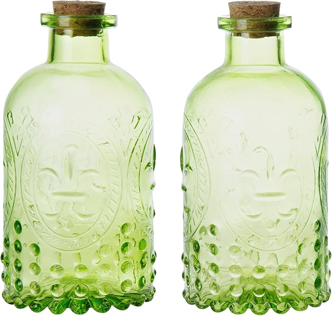 MyGift Vintage Embossed Green Glass Small Reed Diffuser Bottle with Cork Lid, Decorative Flower Bud Vase, Set of 2