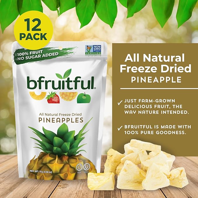 bfruitful Freeze-Dried Pineapple, Freeze Dried Fresh Fruit Bites, Gluten Free, Vegan, Dairy Free, Kosher, No Sugar Added, Non GMO, Healthy Snacks for Kids or Adults, 0.56 oz Single-Serve Snack Packets, 12 Pack