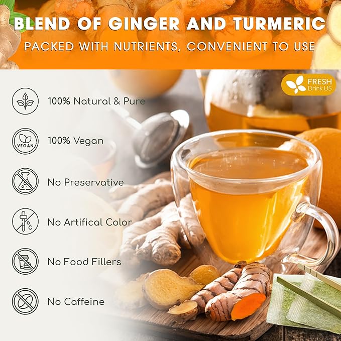 FreshDrinkUS, Premium 45 Ginger Turmeric Tea Bags, 100% Natural Ingredients, Hand-made Blend of Ginger and Turmeric Herbal Tea, Eco-conscious Tea Bags. No Sugar, No Caffeine, No Gluten, Vegan.