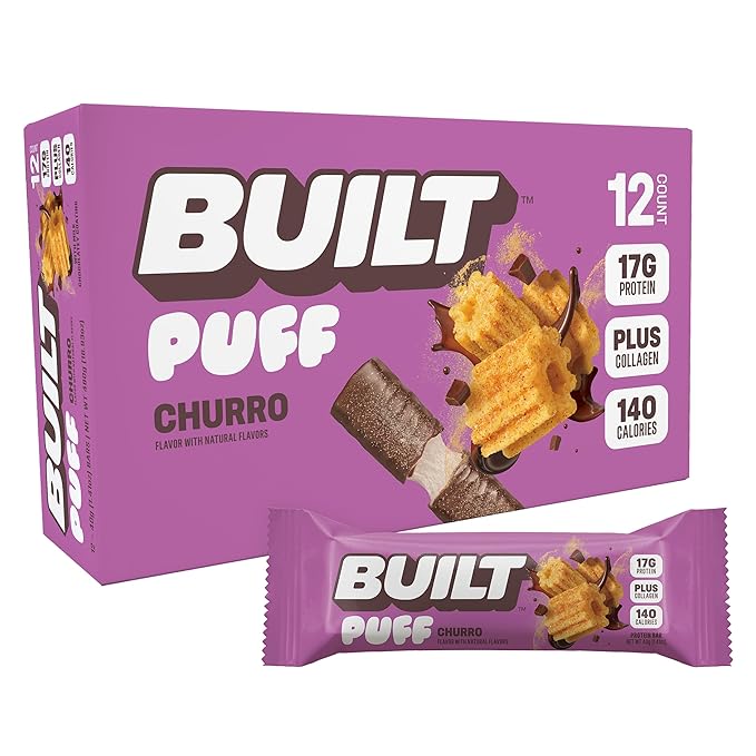 Built Bar, Puff Protein Bars, Churro Puff, 17g Protein Snacks, On-The-Go Bars, Only 140 Calories & 6g Sugar, Collagen, Gluten Free, 12 Count