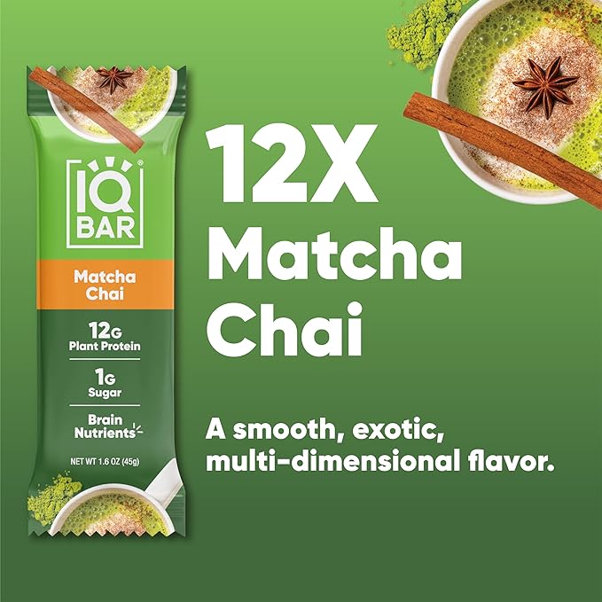 IQBAR Brain and Body Plant Protein Bars - Matcha Chai - 12-Count - Keto, Vegan, Low Carb, High Fiber, Gluten Free, Dairy Free, Low Sugar Snack with Nutrients for Focus, Energy, Meal Replacement