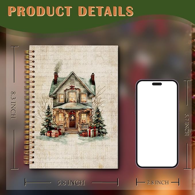 Exqcom Christmas House Spiral Notebook Gifts, Winter Holiday Cottage Retro Journal for Women, Christmas Office Gifts Hardcover Notebook Journal Office School Supplies, 5.5x8.3 Inch