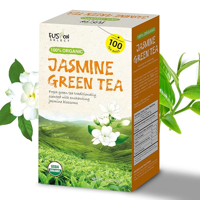 Fusion Organic Jasmine Green Tea - 200 Counts, Relaxing Jasmine Tea Bags, Floral Fragrance