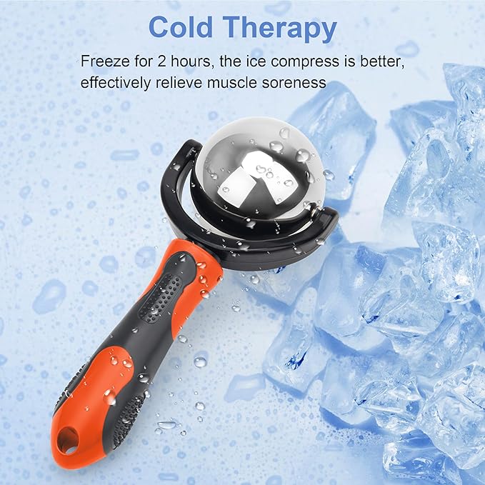 Cold Massage Roller Ball, Cold Therapy Relief, Portable Fitness Ice Roller Ball with Handle, Great Tool for Back/Neck Pain (Orange)