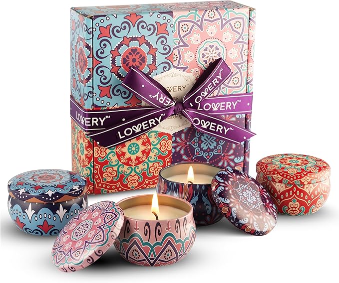 LOVERY 4 Pack Soy Candle Gift Set, Scented Candles, 10% Essential Oil Aromatherapy, 120h Burning, Stress Relief Gifts for Women, Men, Home, Birthday, Mother's Day, Christmas