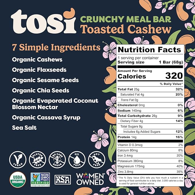 Tosi Meal Bars - Toasted Cashew, Crunchy Nut & Seed Vegan Snack Bars, 14g Plant Based Protein, Organic, Dairy, Soy & Gluten Free, Nutrient-Rich, Omega 3s, Flax and Chia Seeds, 2.4 oz, 12 Pack