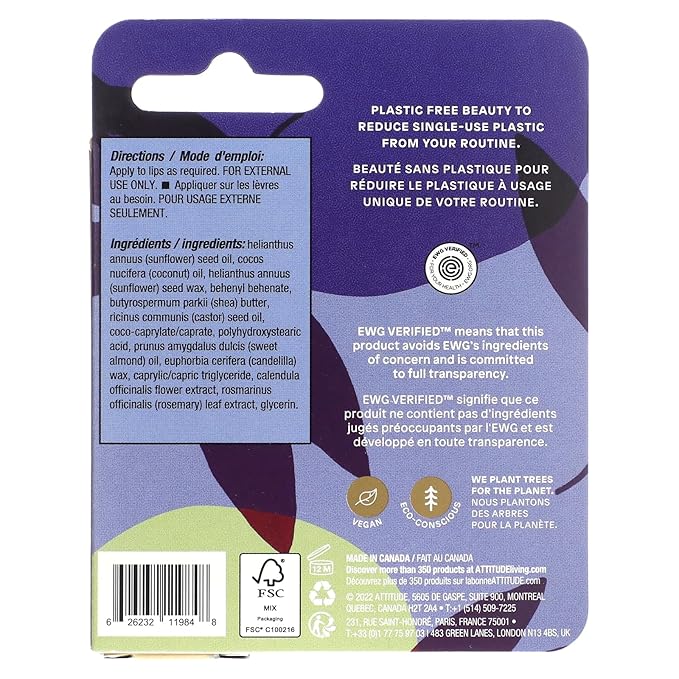 ATTITUDE Lip Balm, Natural Origin, Nourishes & Protects, Shea Butter, Coconut & Castor Oils, EWG Verified, For Dry Lips, Men and Women, Vegan, Unscented, 0.3 Oz