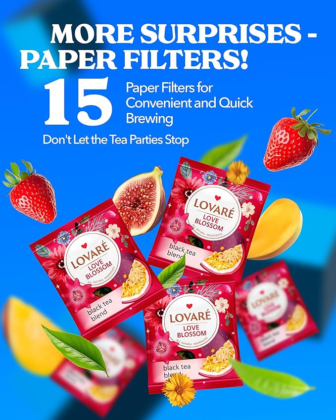Individually Wrapped Tea Bags By Lovare Made in Ukraine - Black and Green, Floral, Passion Fruit, Huchlebbery Herbal Set with Flowers - Gift Box For Blooming Tea Lovers Men & Women - 48 g (24 tea bags x 2 g each) (Love Blossom)