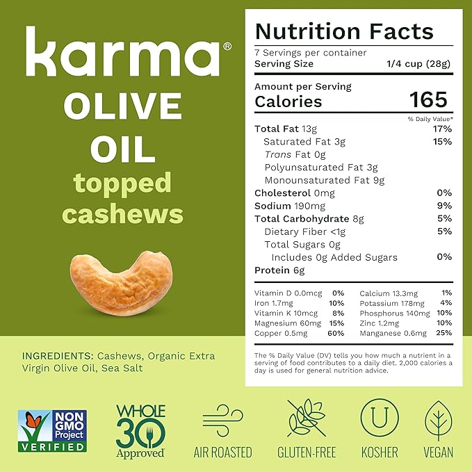 Karma Nuts Olive Oil & Sea Salt Whole Cashews (7 oz, Pack of 1) – Roasted Cashews, Healthy Snacks for Adults - Gluten Free Vegan Snacks, Non GMO - Flavored Nuts, Low Carb Snack