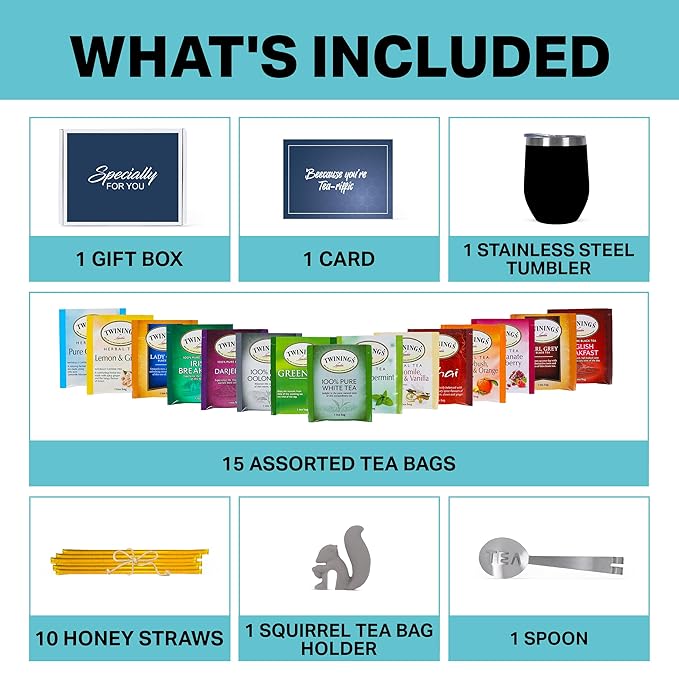 Tea Gift Set for Women and Men – Elegant Tea Sets for Women Gift with 15 Unique Teas, Stainless Steel Tumbler & 10 Honey Straws in Premium Box (Black)