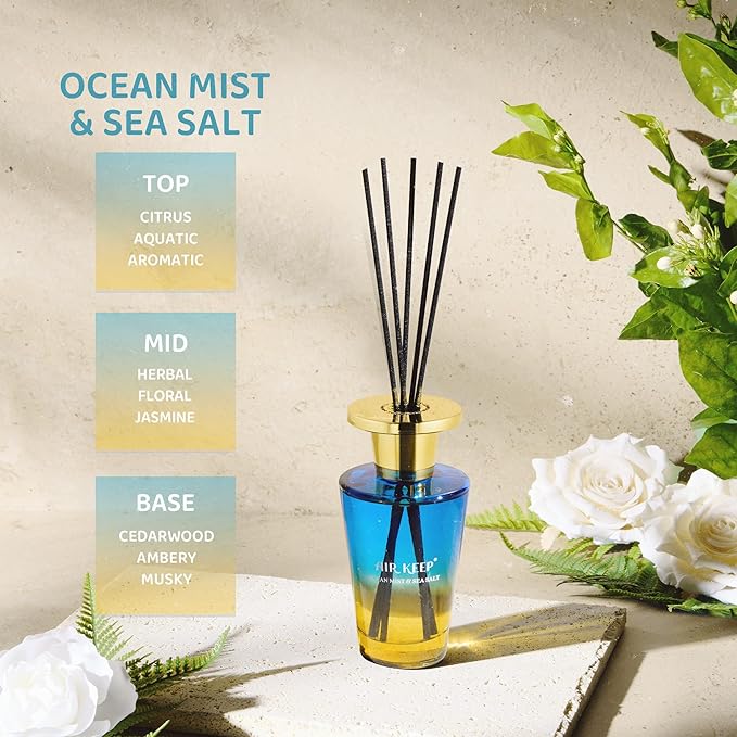 Airkeep Reed Diffuser Set 5.07 fl oz, Ocean Mist & Sea Salt Scent Diffuser with Sticks, Home Fragrance Oil for Bedroom, Bathroom, Office Decor