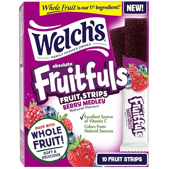 Welch’s Absolute Fruitfuls Fruit Strips, Tasty Dried Fruit Snacks for School Lunches, Berry Medley, 0.5oz (Pack of 10)